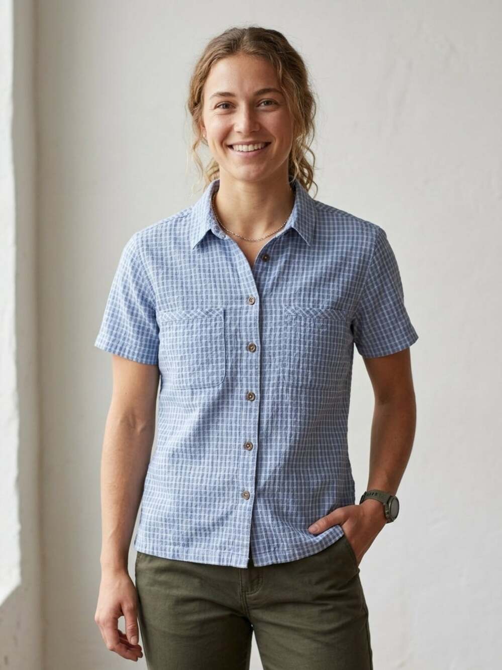 Patagonia Shirt Womens Small Blue Organic Cotton Short Sleeve Plaid Minimalist